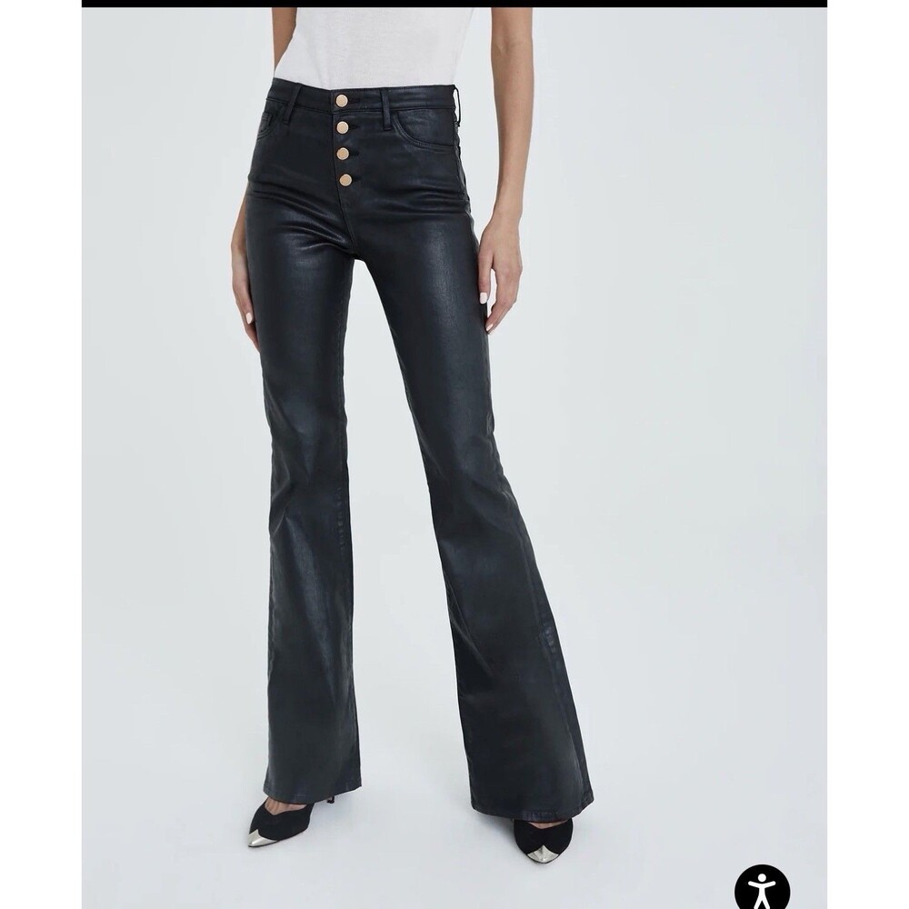 New AG Quinne Button Up Leatherette High Rise Flare Women Pants Black Size 26X34